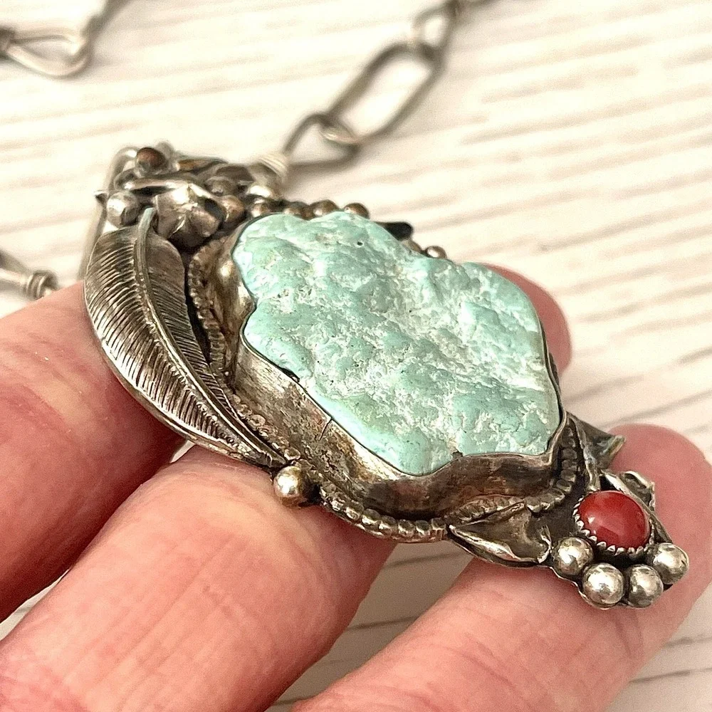 VTG Navajo Turquoise Pendant 2.5in Seafoam Nugget Paperclip Chain Necklace Old